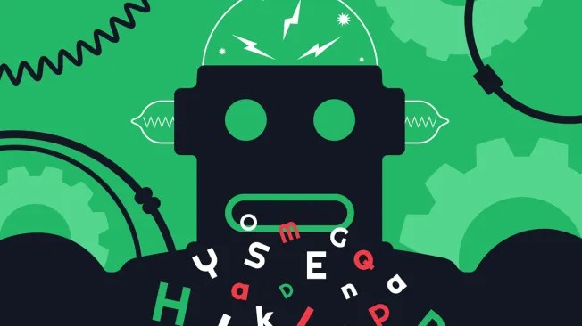 illustration of a robot spitting out letters