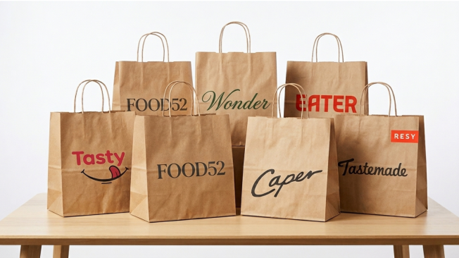 Food takeout bags with food brand logos